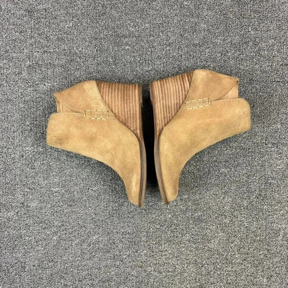 Lucky Brand Brown Leather Wedge Heel Pull On Side Zip Booties Boots Women's Sz 5